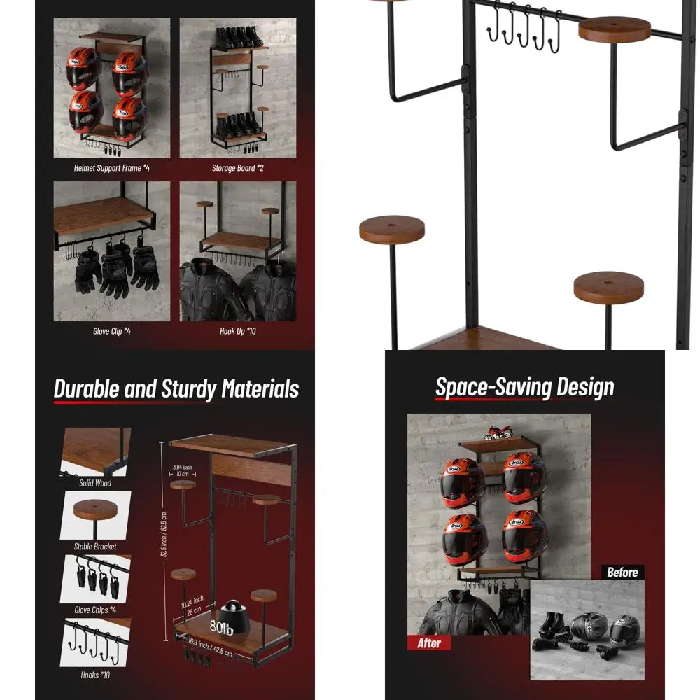 

Dual-Layer Wooden Motorcycle Helmet Display Rack with 4 Hat Hooks and 10 Storage Hooks for Accessories