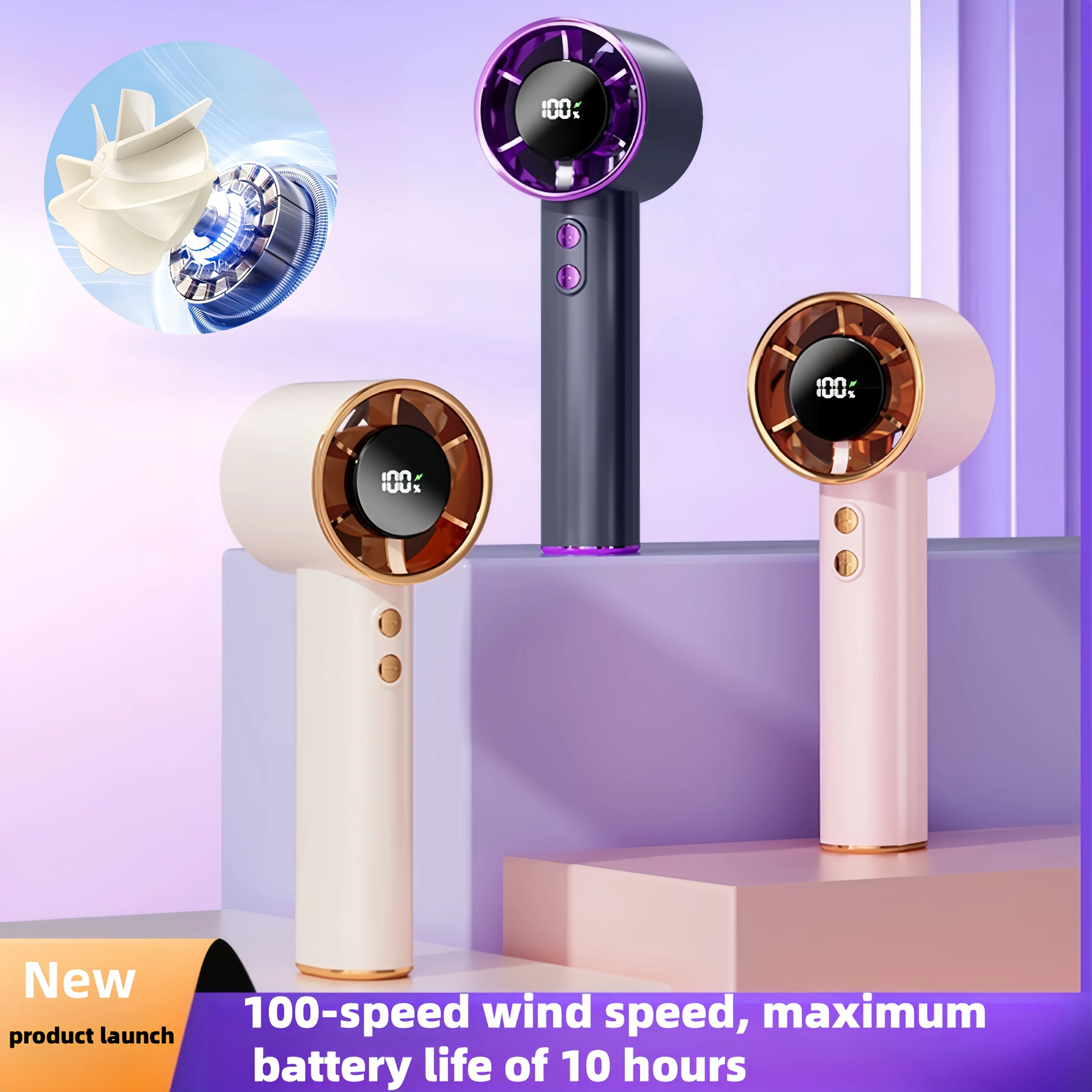 

USB Handheld Mini Turbo Fan Portable Rechargeable Fan with LED Digital Display 5 Speed Fans for Travel Camping Outdoor