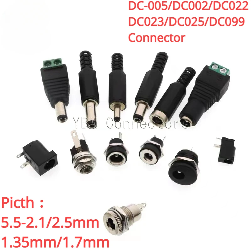 10Pcs DC Power Supply Male And Female Plug Socket DC-005/DC002/DC022/DC023/DC025/DC099 Connector 5.5-2.1/2.5mm/1.35mm/1.7mm