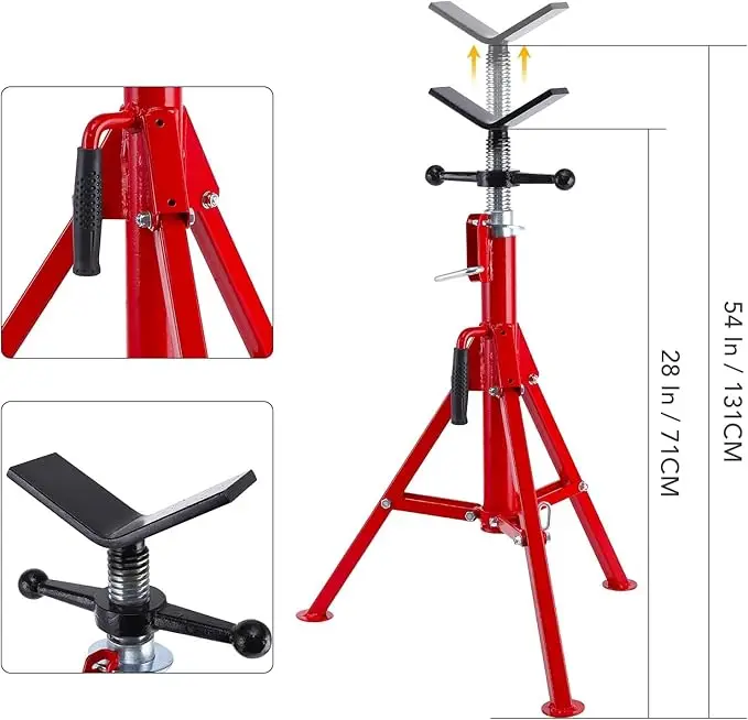 V Head Pipe Stand 28-52 Inch Adjustable Height 2500 LB Load Capacity Heavy Duty Carbon Steel Body Folding 1/2 to 12 Inch