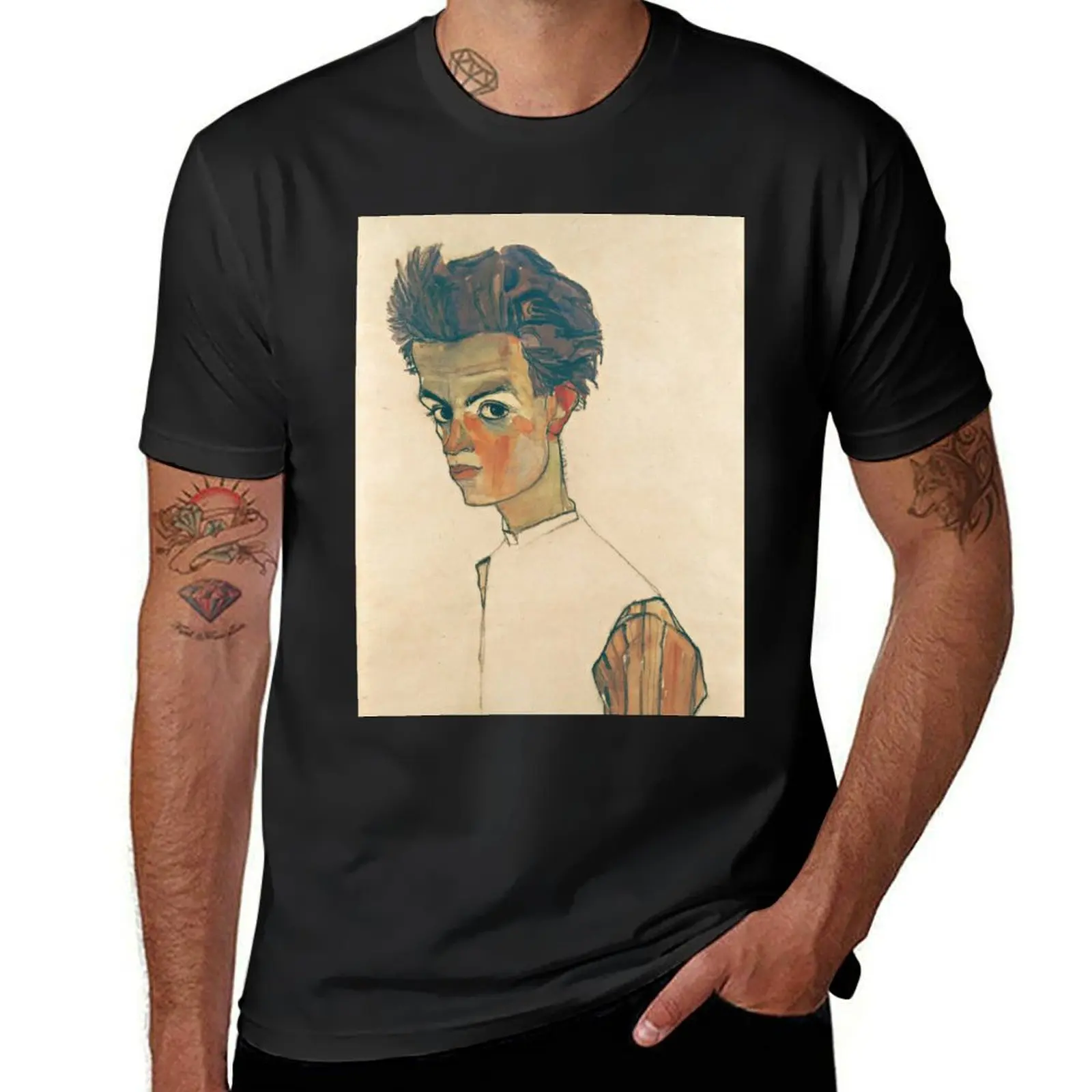 

Egon Schiele - Self-Portrait with Striped Shirt (Selbstbildnis mit gestreiftem Hemd) (1910) T-Shirt Blouse plain Men's t shirts