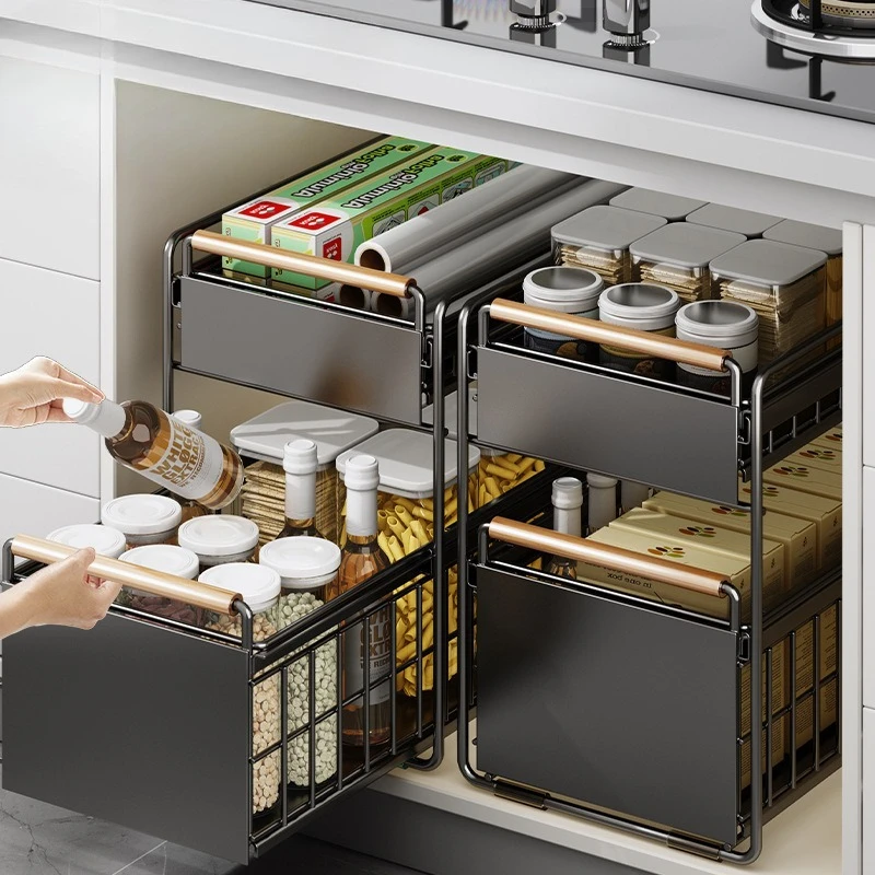2 Layer Under Sink Storage Shelf Pull Out Organizer for Kitchen Dishes Spices Damp Proof