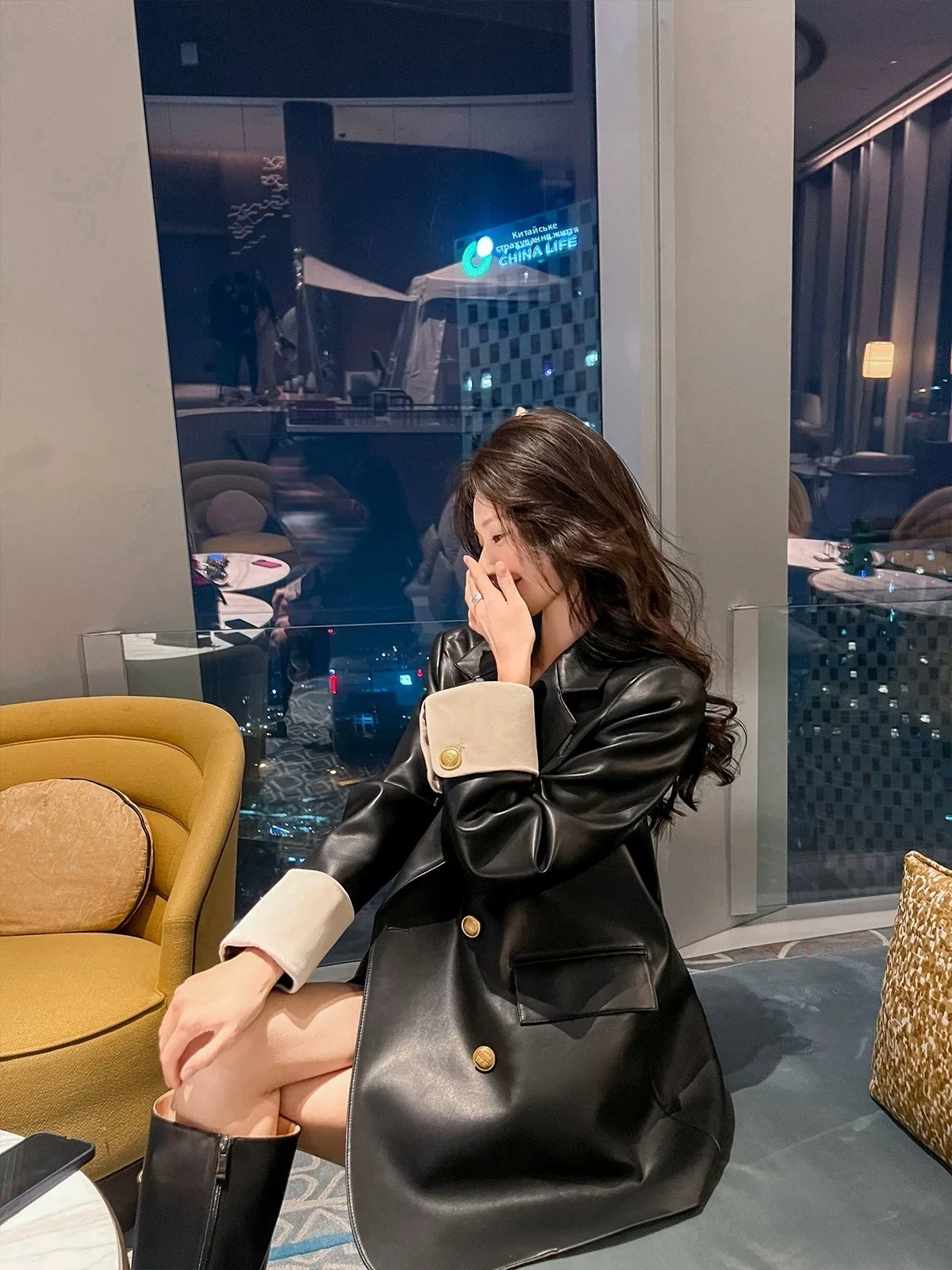 Ele Bla PU Leather Jaet Women's Loose Casual Design Color Blo Sle Spring Autumn Korean Version Long Sve Coat