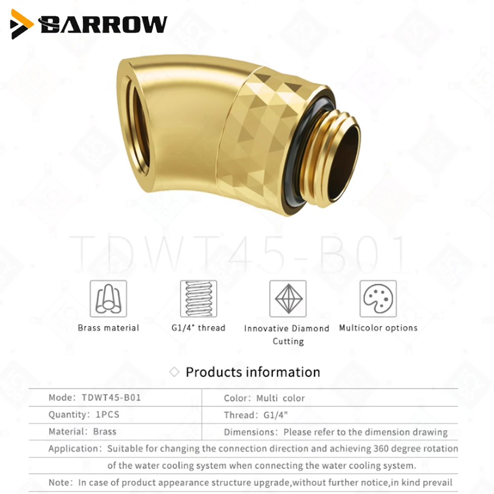 สาลี่ 45 ° อะแดปเตอร์โรตารี่ชายหญิง Dazzle Series G1/4 "มุมเชื่อมต่อ PC GAMING Water Cooling อาคาร MOD TDWT45-B01