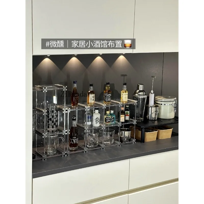 رف تخزين النبيذ على الزجاجات الصغيرة لسطح المكتب، رف عرض شفاف لزجاج النبيذ، تخطيط بيسترو عائلي