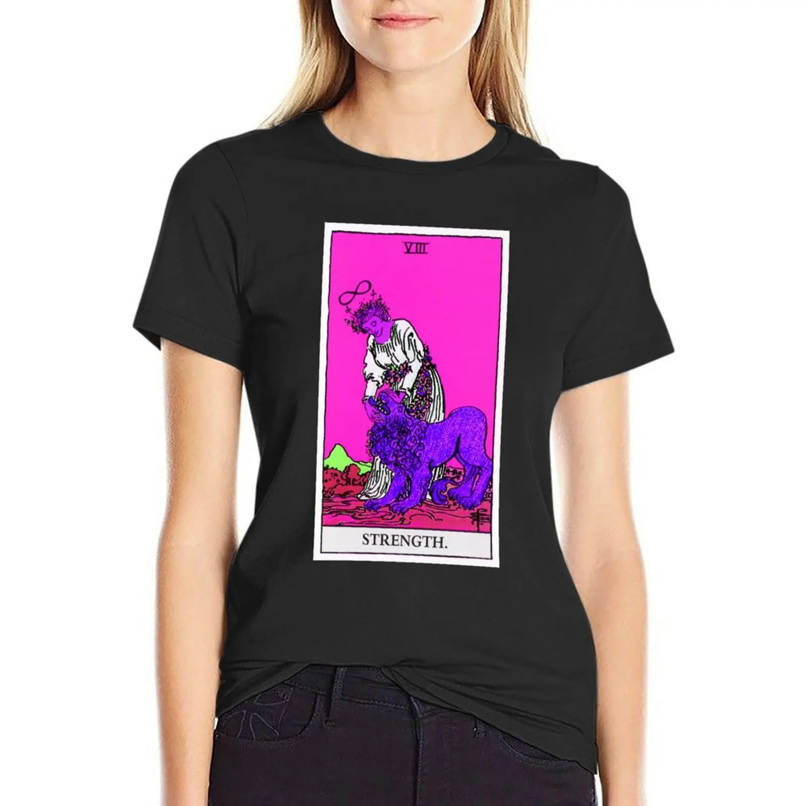8. Strength- Neon Dreams Tarot T-Shirt funny vintage clothes cute tops graphics clothes for Women