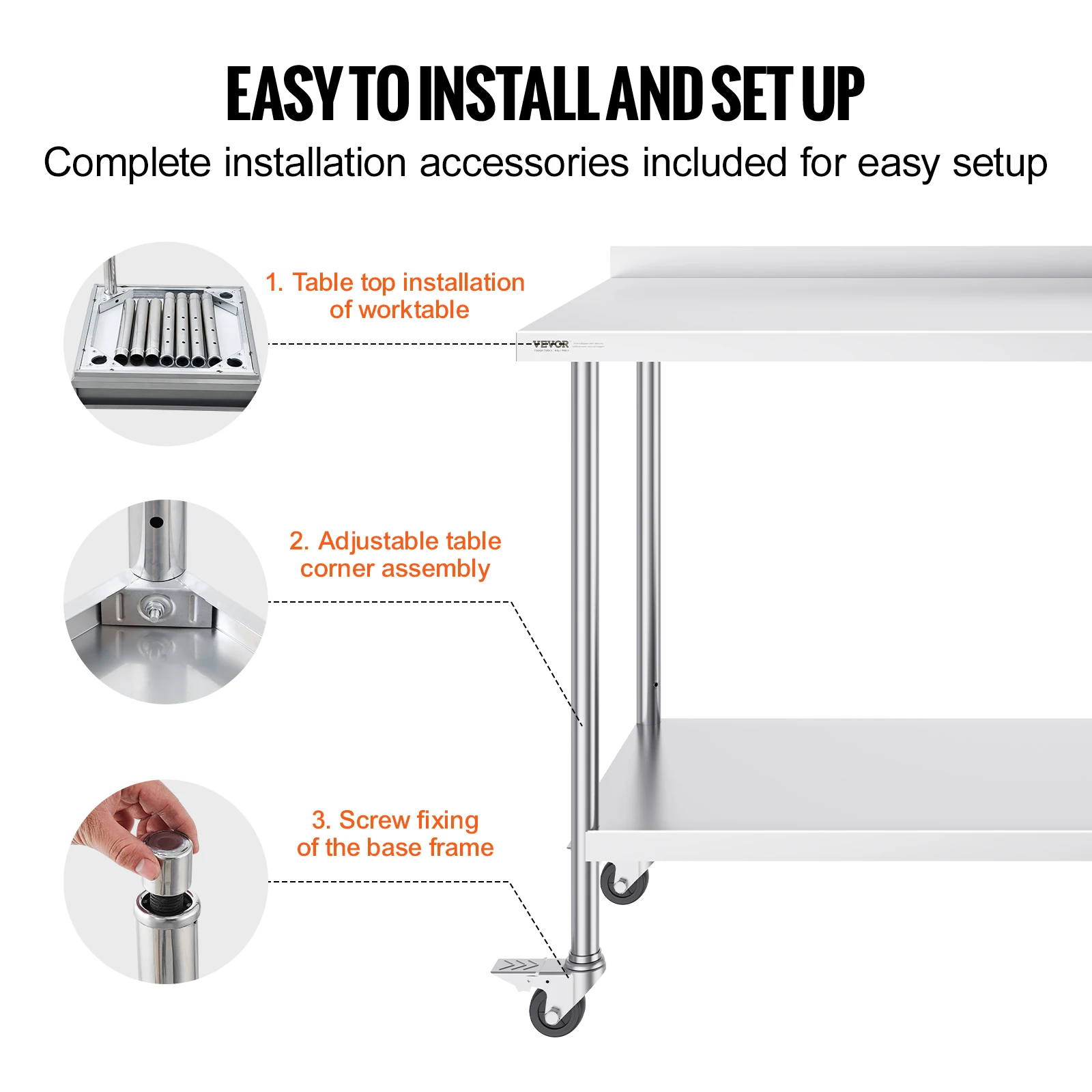 VEVOR Stainless Steel Work Table Commercial Food Prep Worktable with Casters Heavy Duty Prep Worktable for Restaurant Home Hotel