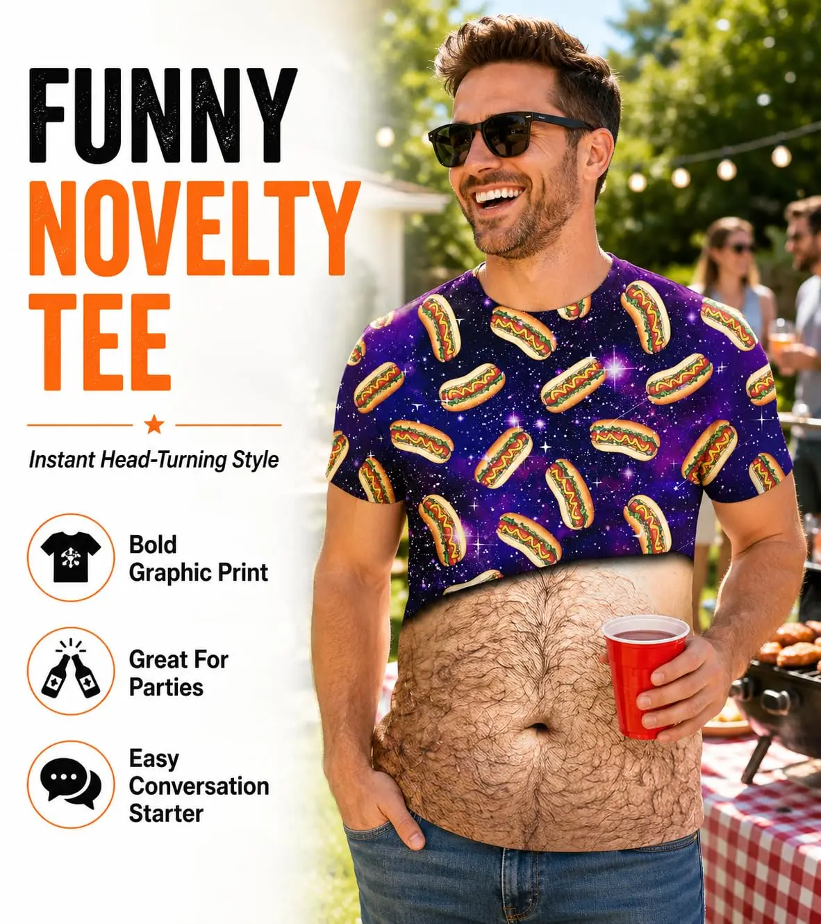 Novelty Galaxy Hot Dog 3D T-Shirt for Men Realistic Fake Belly Hair Print Funny Short Sleeve Crew Neck Tops  Casual Party Wear