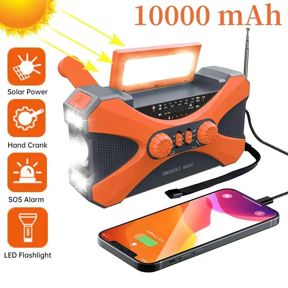 Emergency Flashlight Torch Solar Panel Power Bank Rechargeable Radio Hand Crank 10000mAh AM/FM/NOAA Weather Radios Home Outdoors