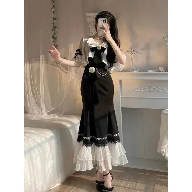 Prom Lolita Dress Cocktail New Lace Christmas Dress Woman Cheongsam Vintage Fairy Mermaid Black Dress Sweet Two-piece Party Top