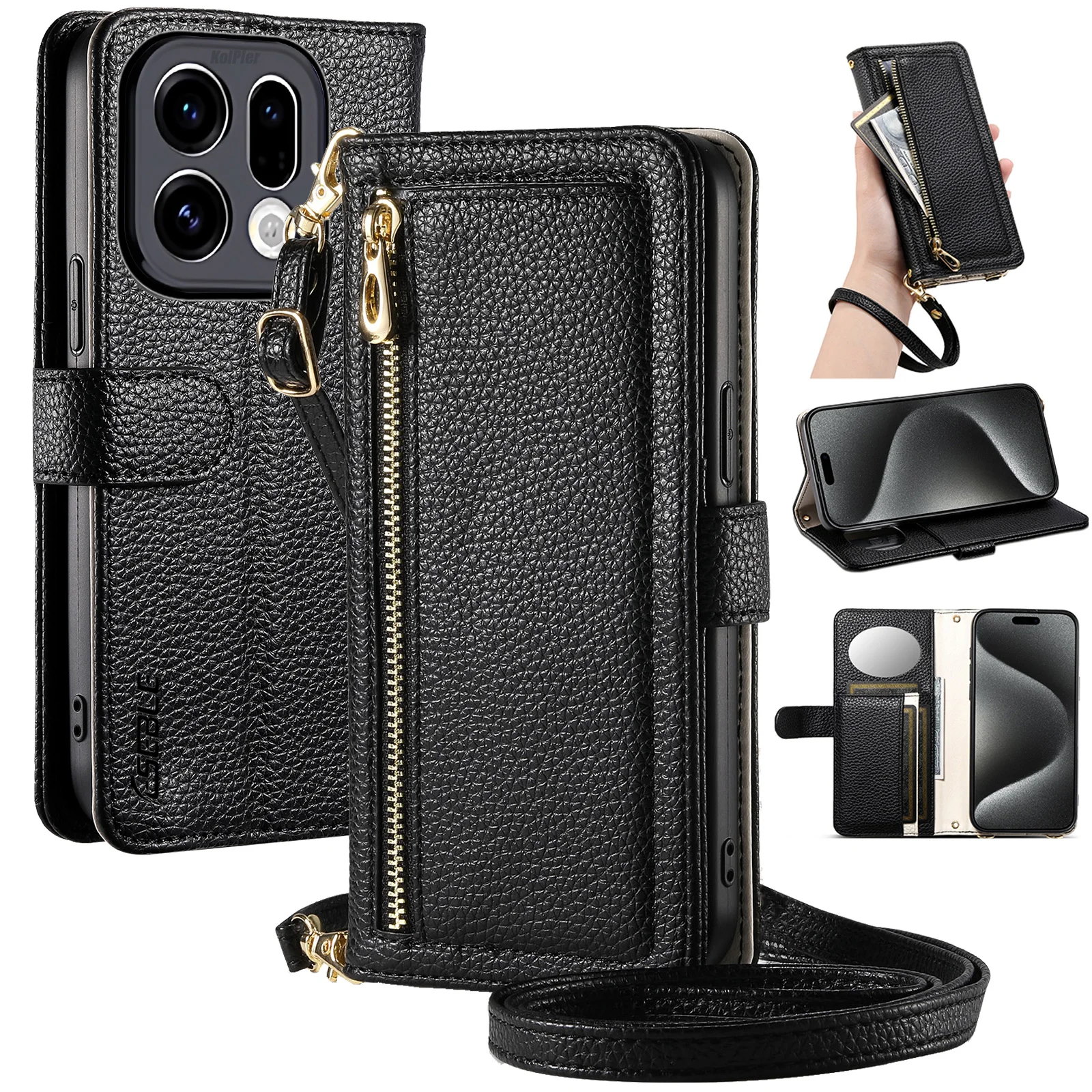 

Кожаный флип-чехол через плечо с держателем для карт и чехлом для OPPO Find X9 PRO FindX9 5G с зеркалом Makepu