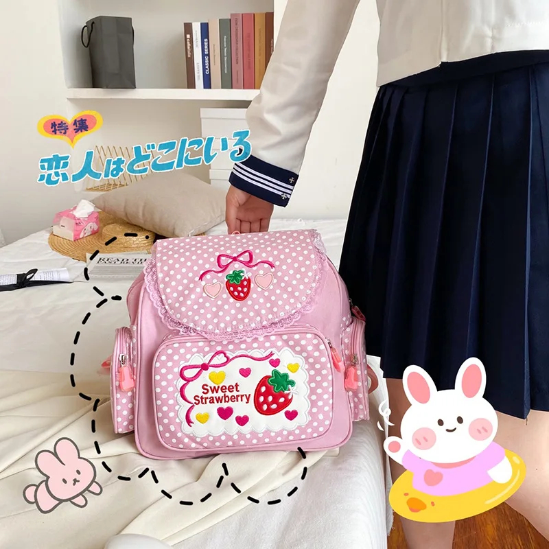 Kawaii Strawberry Bordado Mochila Estudantil, Bolsa de escola, Nylon, Bonito, Mochila universitária para adolescente, Sacos de livros, Moda