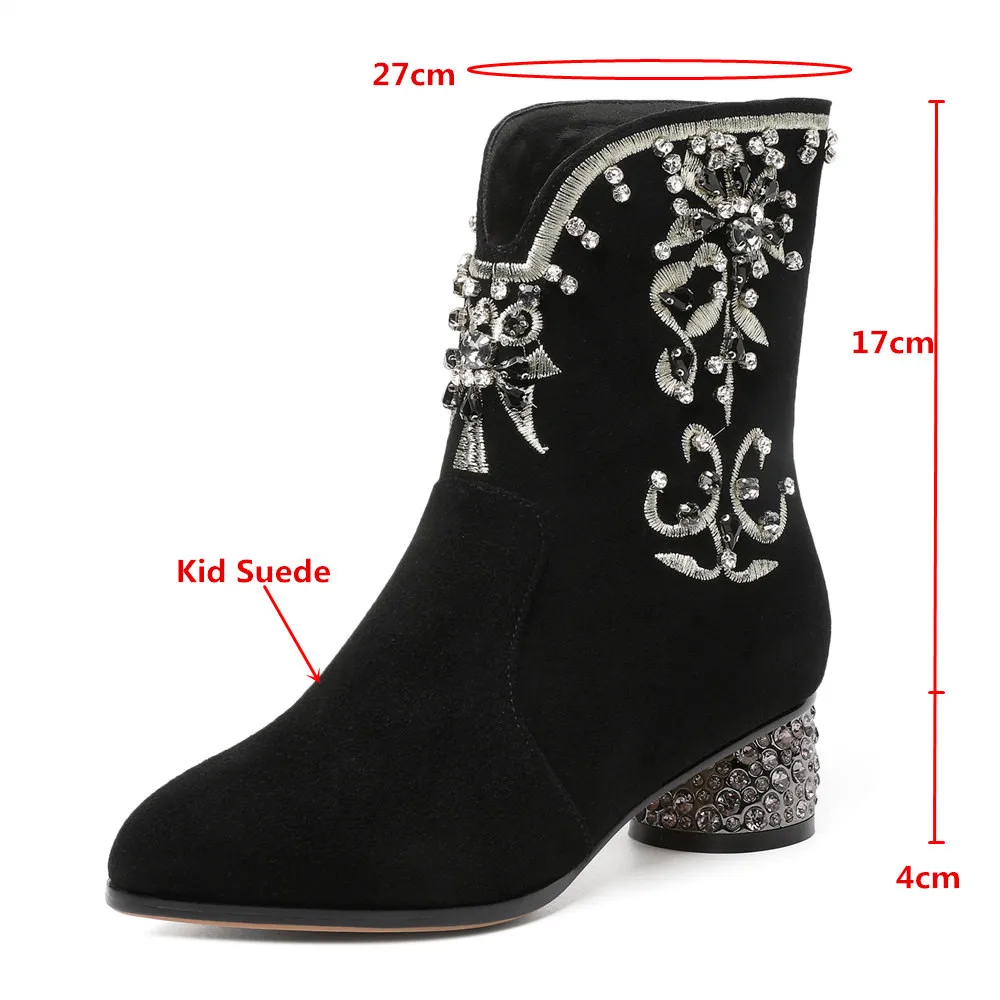 MILI-MIYA Fashion Ethnic Style Women Kid Suede Ankle Boots Crystal Zippers Round Heels Plus Size 34-43 Solid Color Handmade