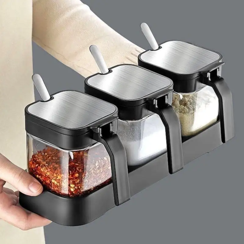 Large Capacity Kitchen Salt Shaker Set 304 Stainless Steel Glass Home Use Seasoning Bottle Spice Jar Storage Salt Seasoning G...