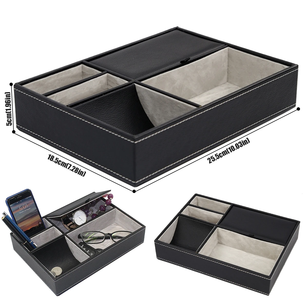 Faux Leather Valet Tray with 5 Compartments Decent Valet Tray Desk Storage Box Durable Dresser Box Nightstand Organiser Tray