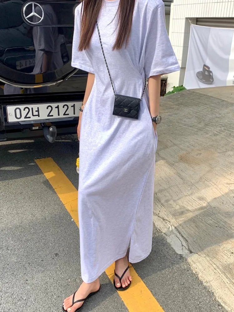 فستان قطني كاجوال بأكمام قصيرة للنساء، فستان صيفي رقيق يشكل الخصر ويرتدي فوق الركبة من القطن الخالص