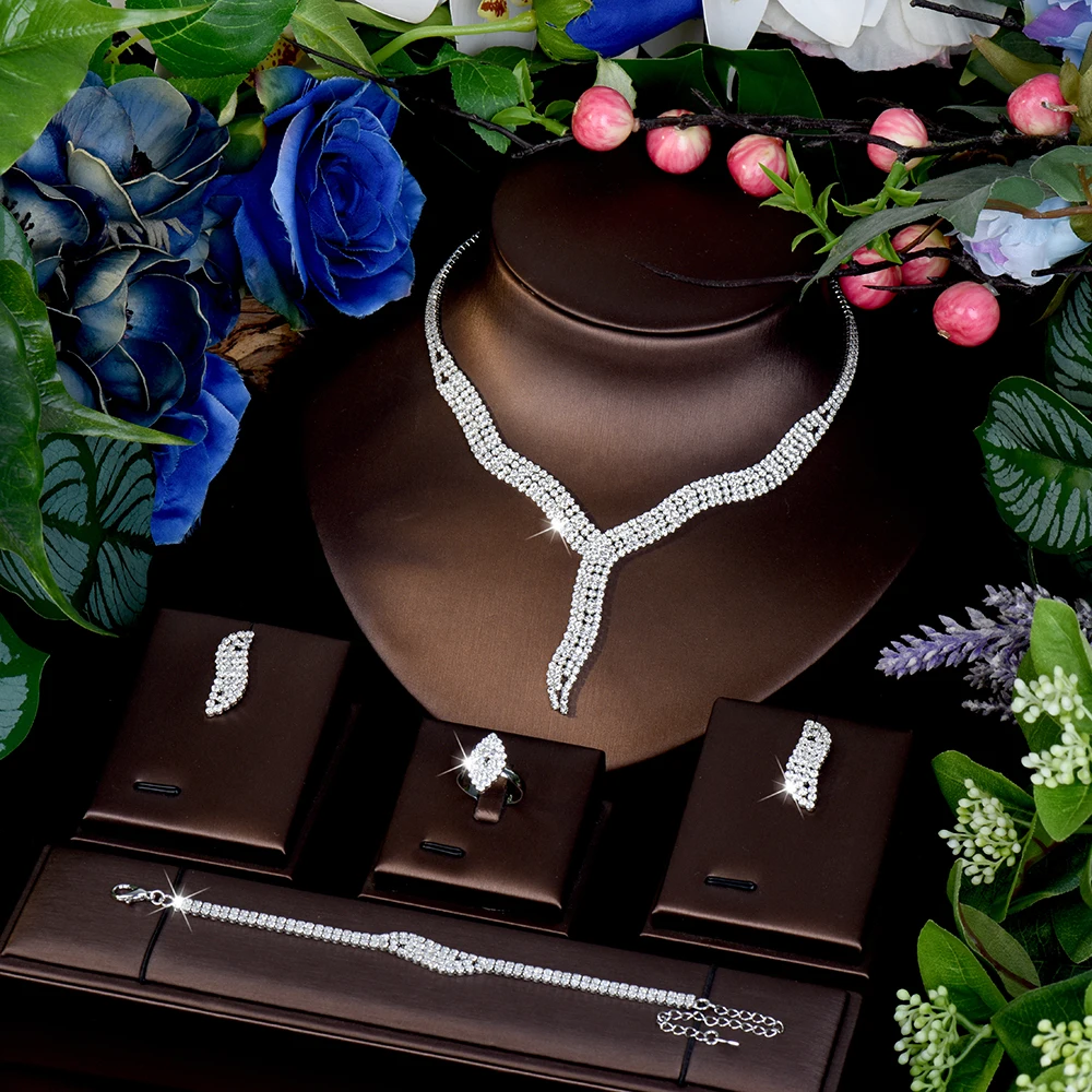 HIBRIDE New stereo Luxury Art Necklace Earrings Bracelet Set Women's Clothing Light Luxury Jewelry Wedding Holiday Gift S-1090