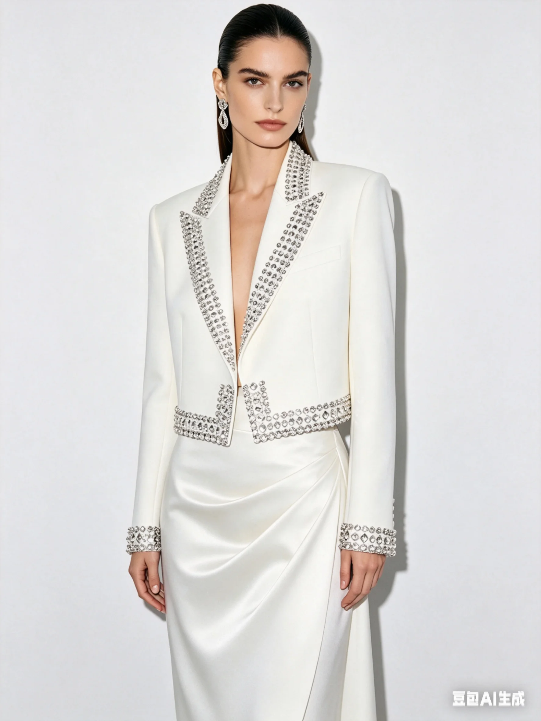 

Luxury Crystals Women Suit Set 2 Pcs Short Blazer+Pants Spring Cotton Formal Office Lady Jacket Customized Wedding Guest Coat