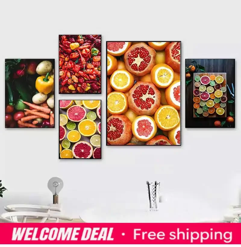 2026  Nordic Wall Art Canvas Painting Colorful Fresh Vegetable Fruits Posters for Kitchen Decor Orange Lemon Picture for Rest