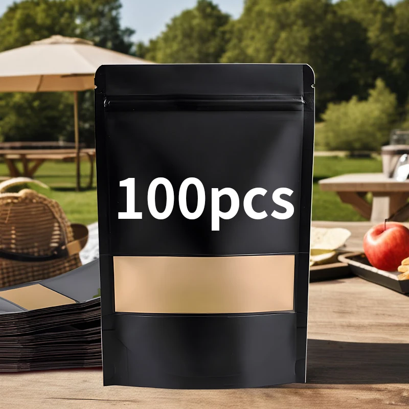 100pcs Wholesale Black Kraft Paper Stand up Pouch with Window Reusable Food Packaging Zip Lock Bag for Storing，Cookie， Snacks