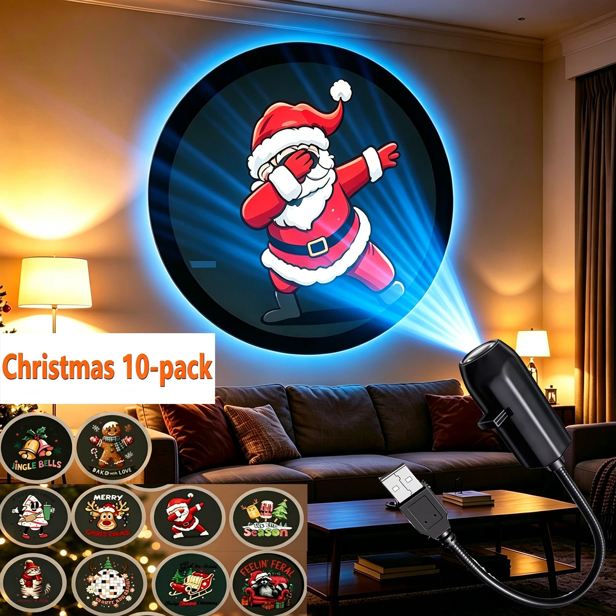 USB Christmas Projector Lamp Cartoon Santa Snowman 10/6/3 Patterns Night Light Xmas Home Bedroom Party Car Decor Atmosphere Lamp