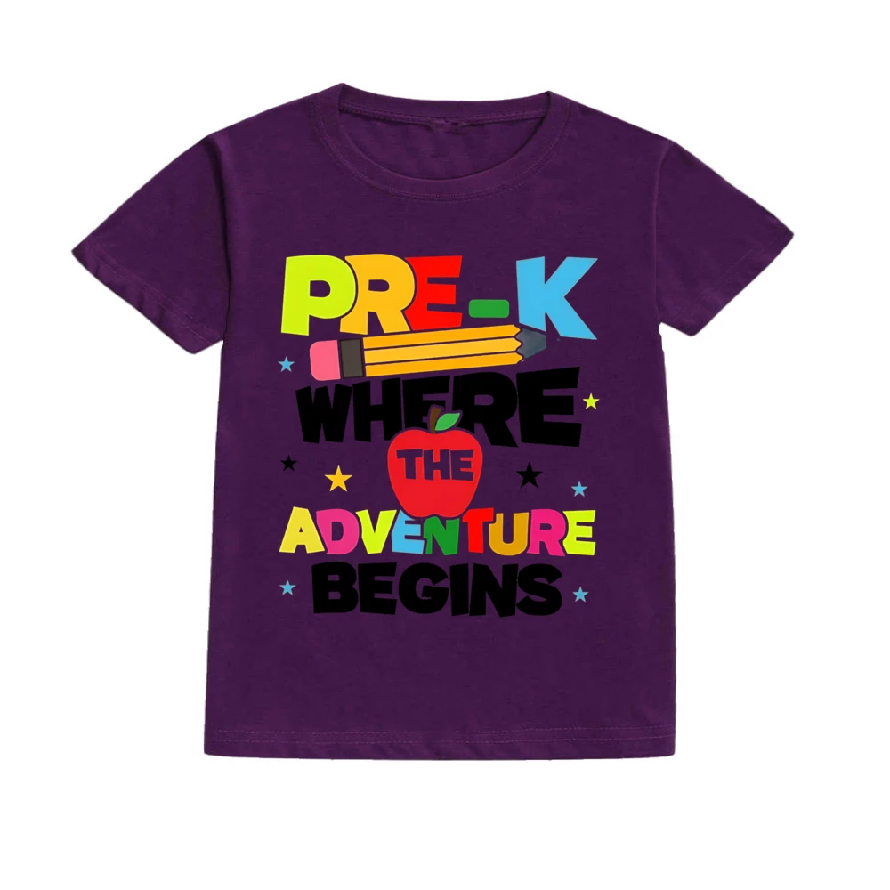 PRE-K WHERE THE ADVENTURE BEGINS Shirts Happy First Day of School Funny Tee Summer Casual Short Sleeved T-shirt