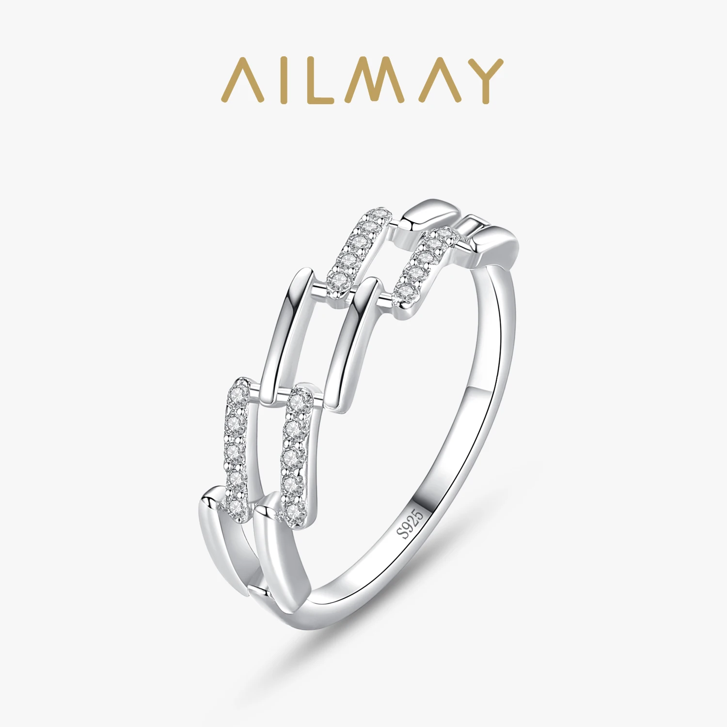 Ailmay Silver Geometric Design Ring 925 Sterling Silver Fashionc Clear CZ Finger Rings For Women Girls Party Accessories Jewelry