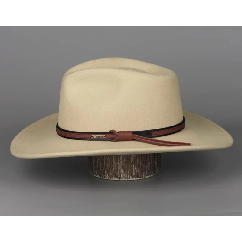 Australian Wool Cowboy Hat with Wide Brim(9cm) , Camel Color Cowgirl Hat Western Hats for Women Men Felt Outback Panama Rancher