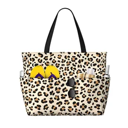 Leopard Print Large Waterproof Beach Bag for Women Sandproof Tote Bag Pool Bag with Zipper and Pockets for Travel Vacation Gym