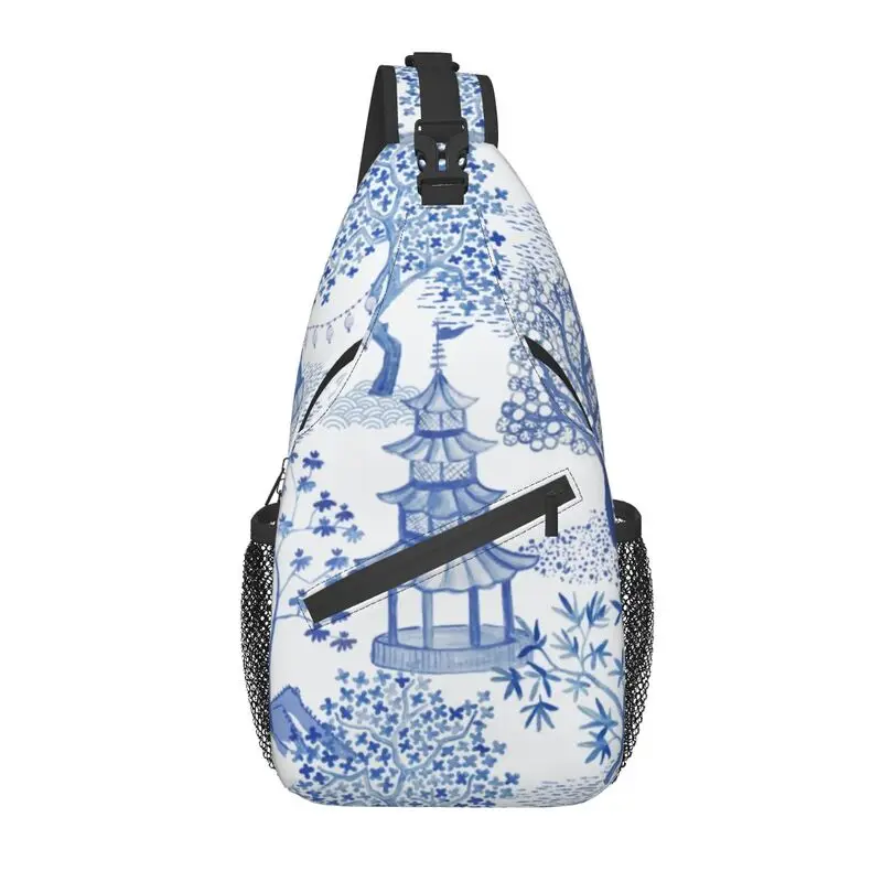 

Pagoda Forest Sling Bag for Men Cool Blue Delft Vintage Chinoiserie Shoulder Crossbody Chest Backpack Cycling Camping Daypack