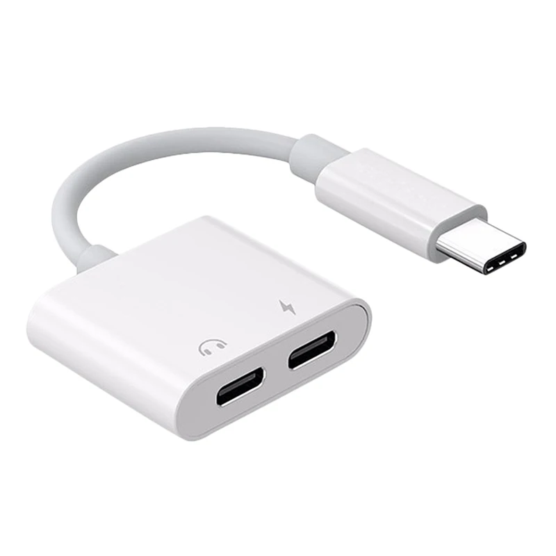 Dual Tipo C Adaptador de Auscultadores, USBC Splitter Jack, AUX Áudio, Conversor de Carregamento para Huawei, Samsung, Xiaomi, 2 em 1