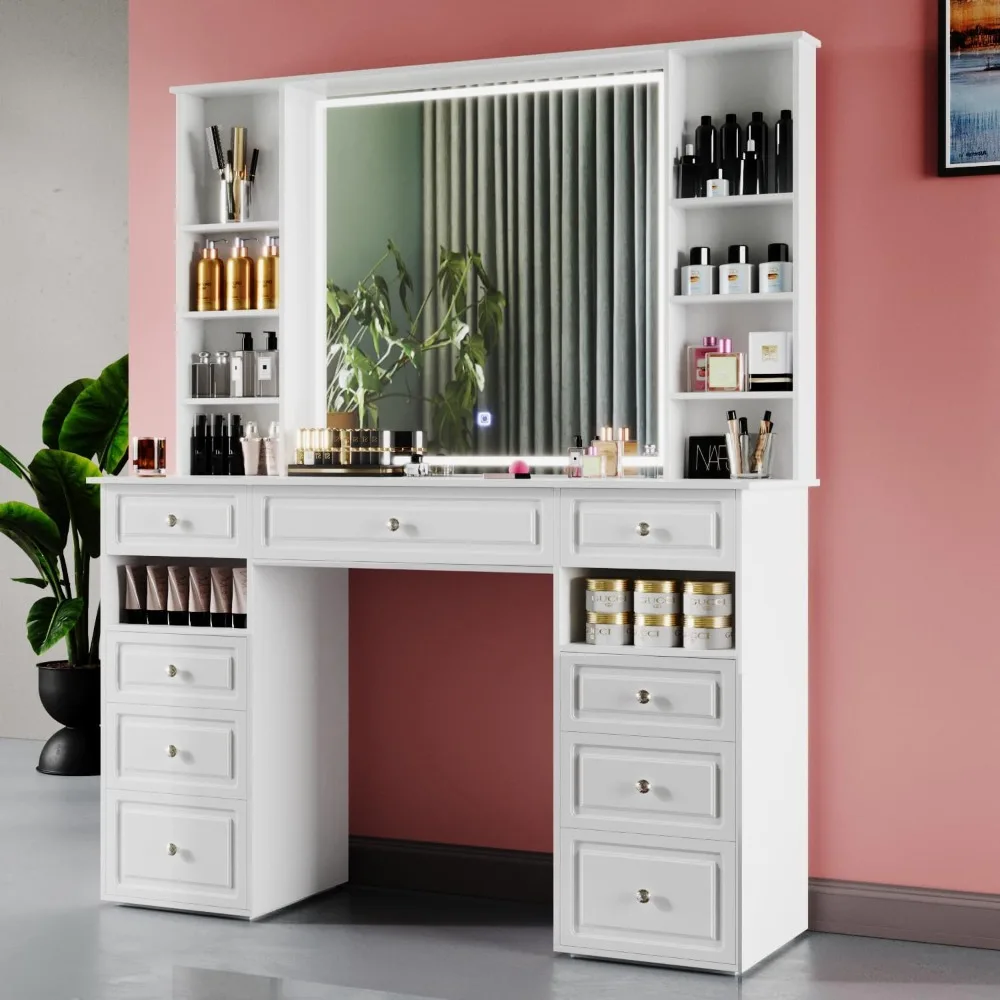 Modern Vanity Set with Lighted Mirror,Extra Large Mirror Makeup Vanity Table with 9 Drawers,European Style Vanity, dresser