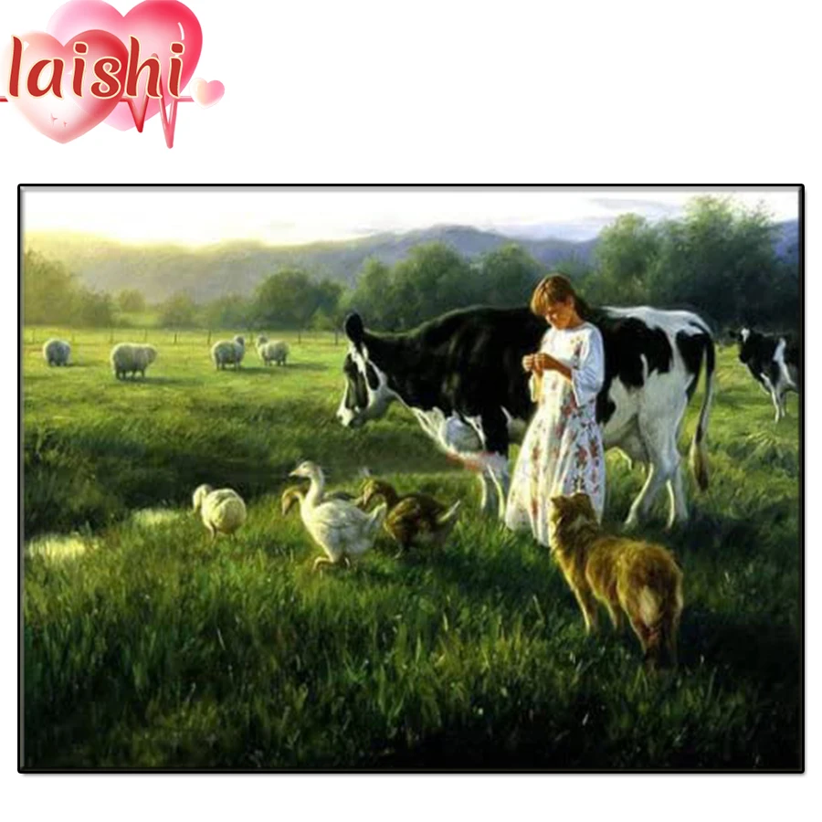 

5D DIY Farm landscape, cows, little girl Diamond Painting Full Square round drill Home Decoration Embroidery Handcraft Art Kits