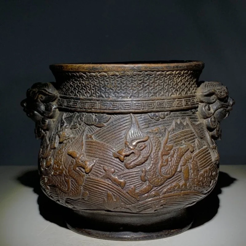 

Vintage Ming Xuande Relief Dragon Pattern Animal Ear Incense Burner Antique Brass Handmade Double Dragon Treasure Basin Ornament