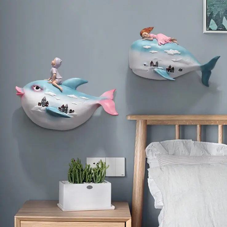 Modern 3D Resin Whale Girl Boy Wall Hanging Ornaments Home Kid Bed Room Mural Decoration Hotel Porch Sticker Crafts