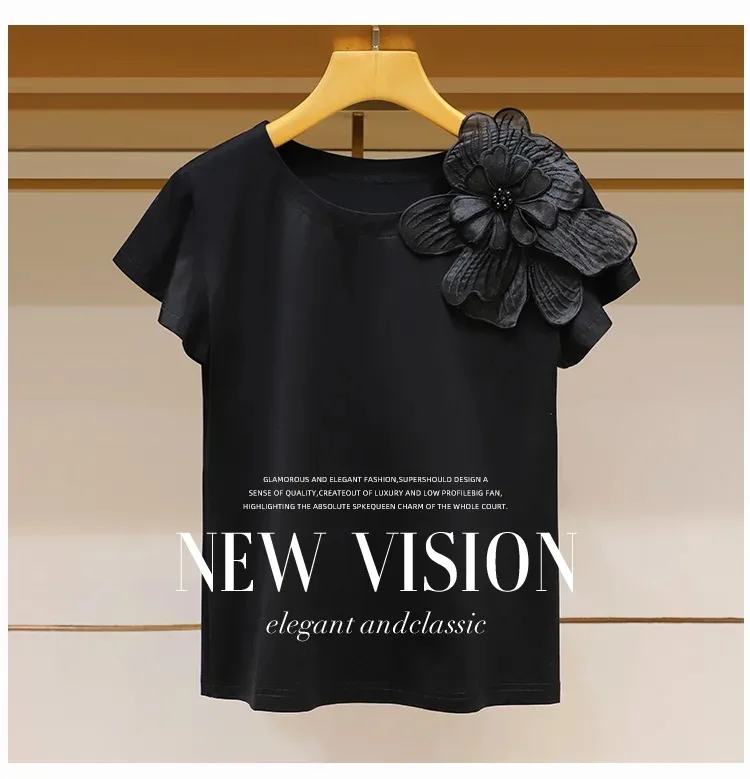 

Tops Women Clothes 2024 Summer New Round Neck 3D Flower Decoration Fashion Lotus Leaf Sleeves Loose Fit T-shirt Streetwear