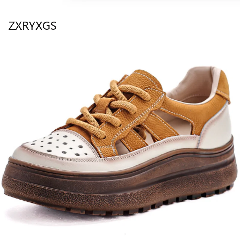 

ZXRYXGS, женские стильные сандалии высокого качества из натуральной кожи, коллекция 2025, темпераментные летние кроссовки на шнуровке, сандалии на толстой подошве