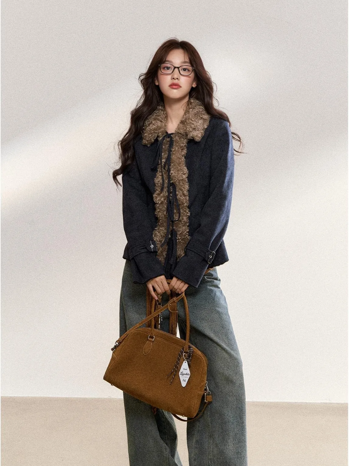 2025 Autunno Inverno delle nuove donne blu vintage high-end giacca di pelle scamosciata marrone slim fit corto patchwork di pelliccia giacca con colletto rovesciato