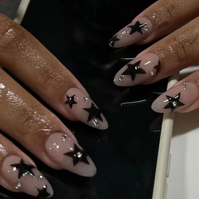 Uñas postizas reutilizables con Estrellas Negras para mujer, uñas postizas con diamantes, ovaladas, almendra, medio largo, prensatelas con pegamento, 24 piezas