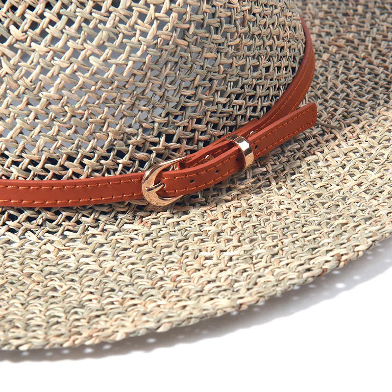 Sea Grass Summer Panama Hats for Women Sun Hat with Leather Shell Band Designer Flat Top Straw Fedora Hat Party Travel Beach Hat