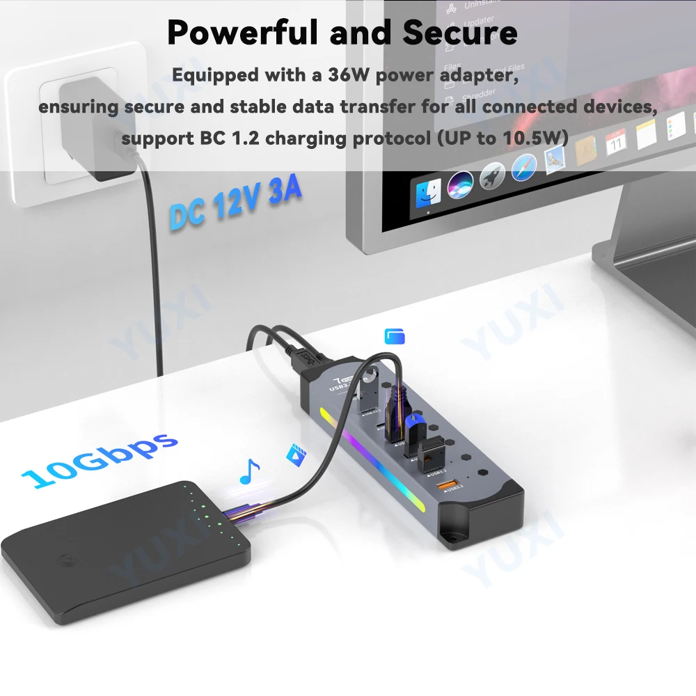 HUB USB 3.2 Gen 2 7 w 1 z zasilaniem, rozdzielacz USB 3.2 10 Gbps, HUB USB Typ A i Typ C z indywidualnymi przełącznikami, wieloportowy ekspander RGB do laptopa i komputera PC — zdjęcie produktu 4