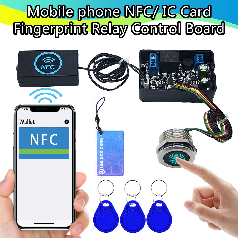 휴대 전화 NFC 유도 릴레이 모듈 DC10V-120V 지문 액세스 제어 패널 IC 카드 컨트롤러 자동차 도어 잠금 해제 DIY