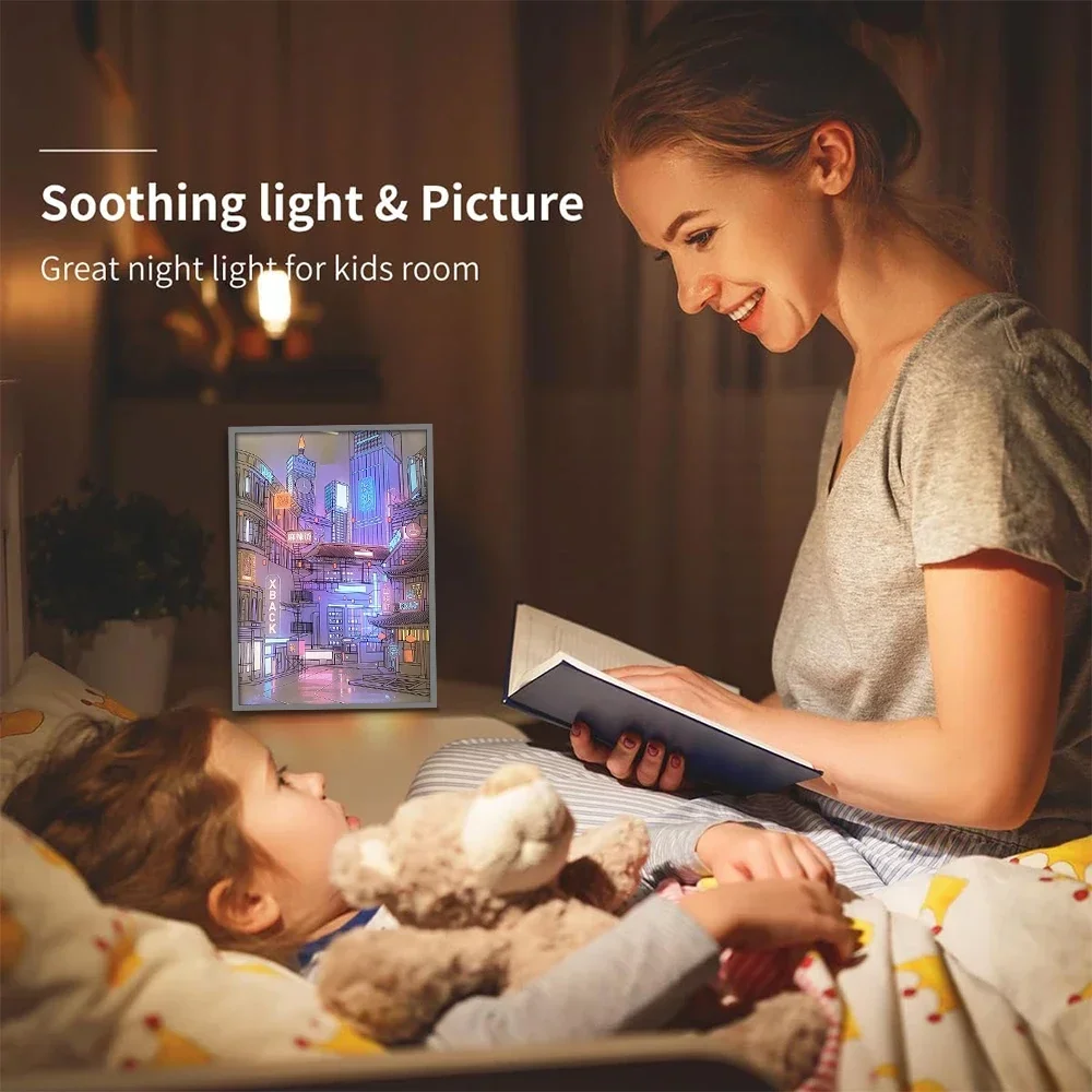 LED Beautiful City Night View Table Light Painting,HD Picture Narrow Bezel USB Plug Dimming Romantic Home Decorations Night Lamp