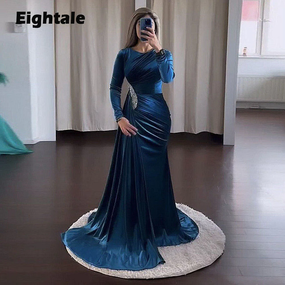 Eightale Velvet Evening Dress for Wedding Party Blue O-Neck Beaded Mermaid Customized Long Sleeves Prom Gowns