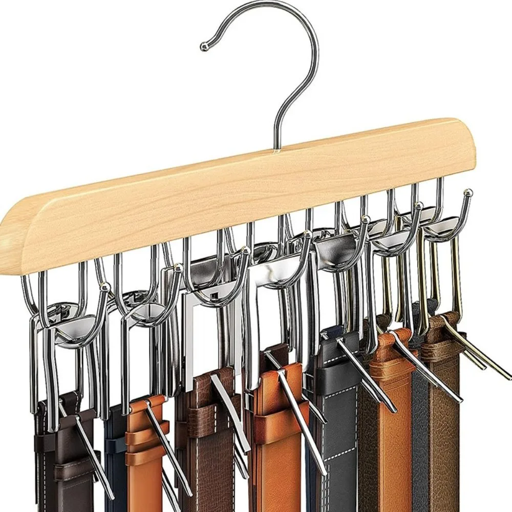 New Wooden 14/16/20 Hooks Belt Rack Rotatable Multi-function Non Slip Storage Rack Household Tie Tank Tops Belt Hanger