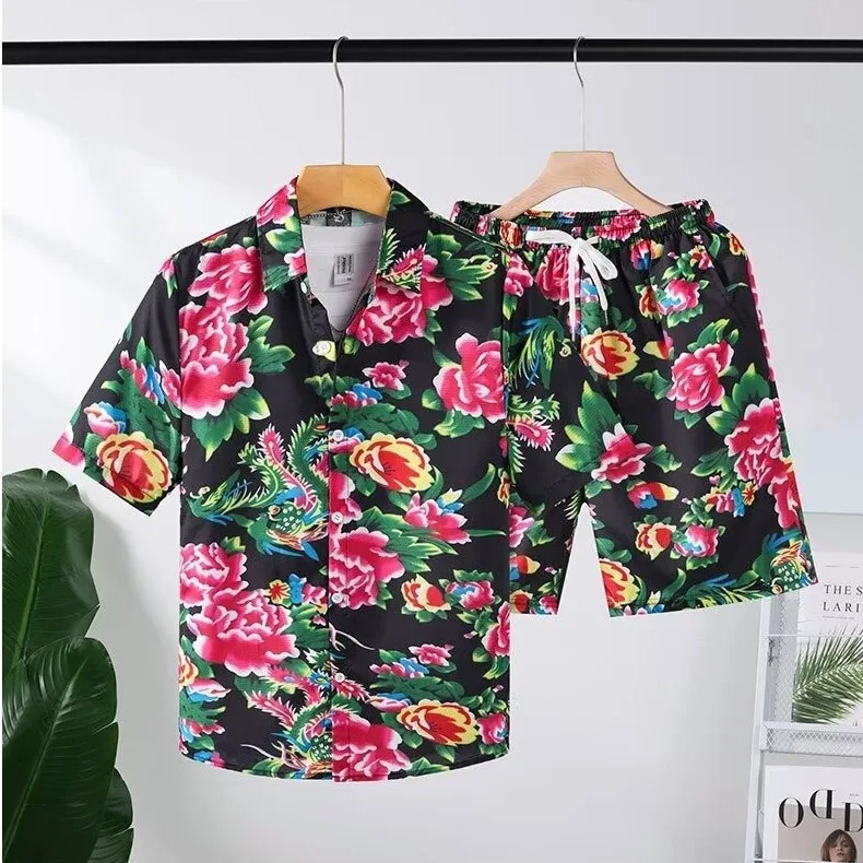 Comfortable flowers plants Ink wash painting 3D Print shirt +Shorts Two Piece Set Short Sleeve Flip collar shirts half pants