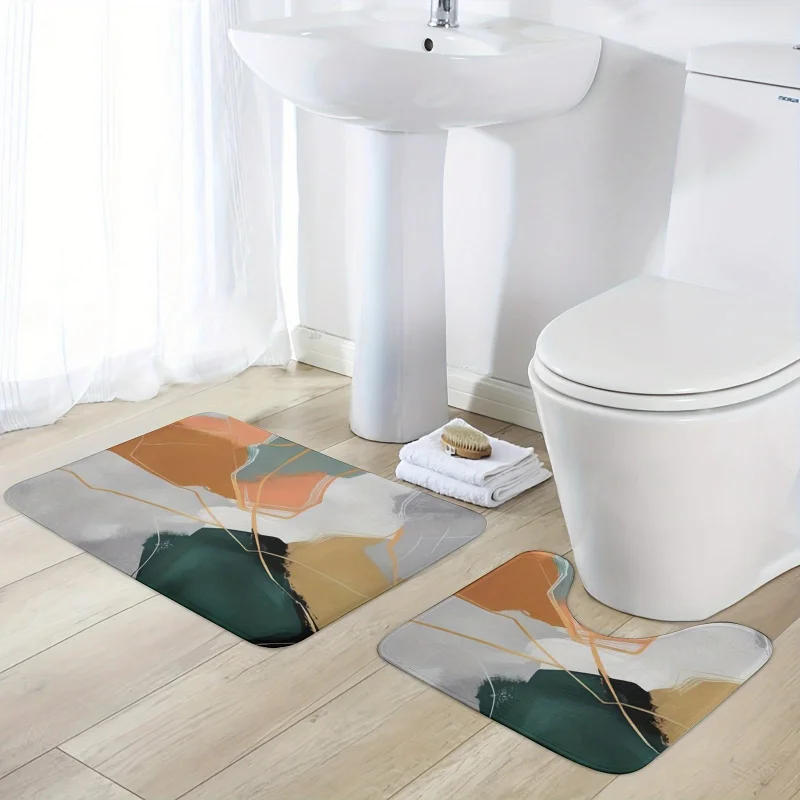 2pcs Luxury Bathroom Rug Set - Thick, Non-Slip & Absorbent Microfiber Mats with Color Clash Design - Includes U-Shaped Toilet Ma