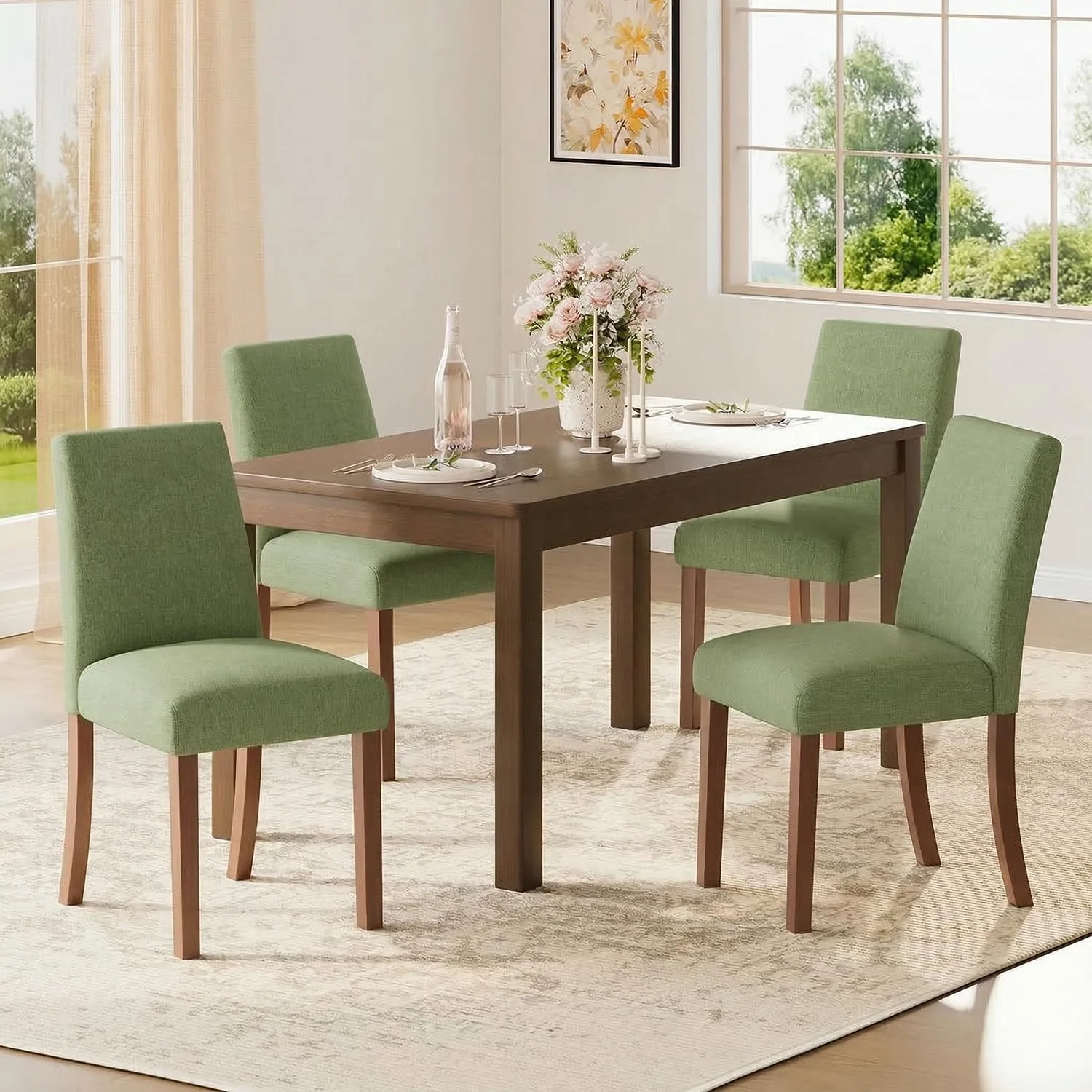 Dining Chairs Set of 4, Parsons Chairs for Small Spaces, Green | Modern Dining Room Chairs with Solid Wooden Legs