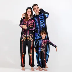 New Halloween Family Clothing Parent-Child Matching Pajamas 3d Skeleton Print Cosplay Jumpsuit Zipper Hooded Party Look Costumes