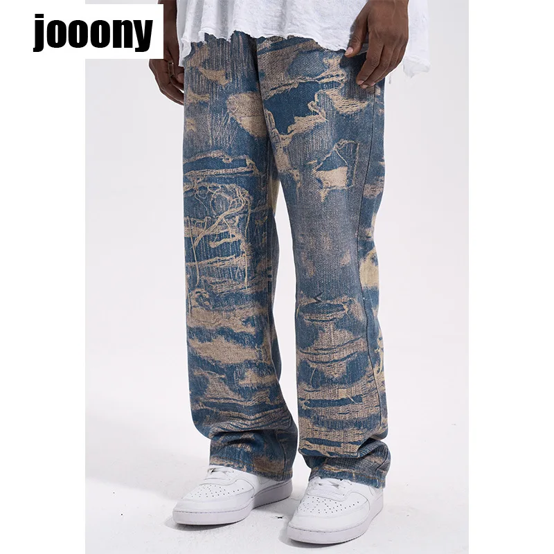 New Autumn American High Street Men feeling Trendy Personality Full print Washed Jeans Straight fit Loose Hip Hop Casual Pants